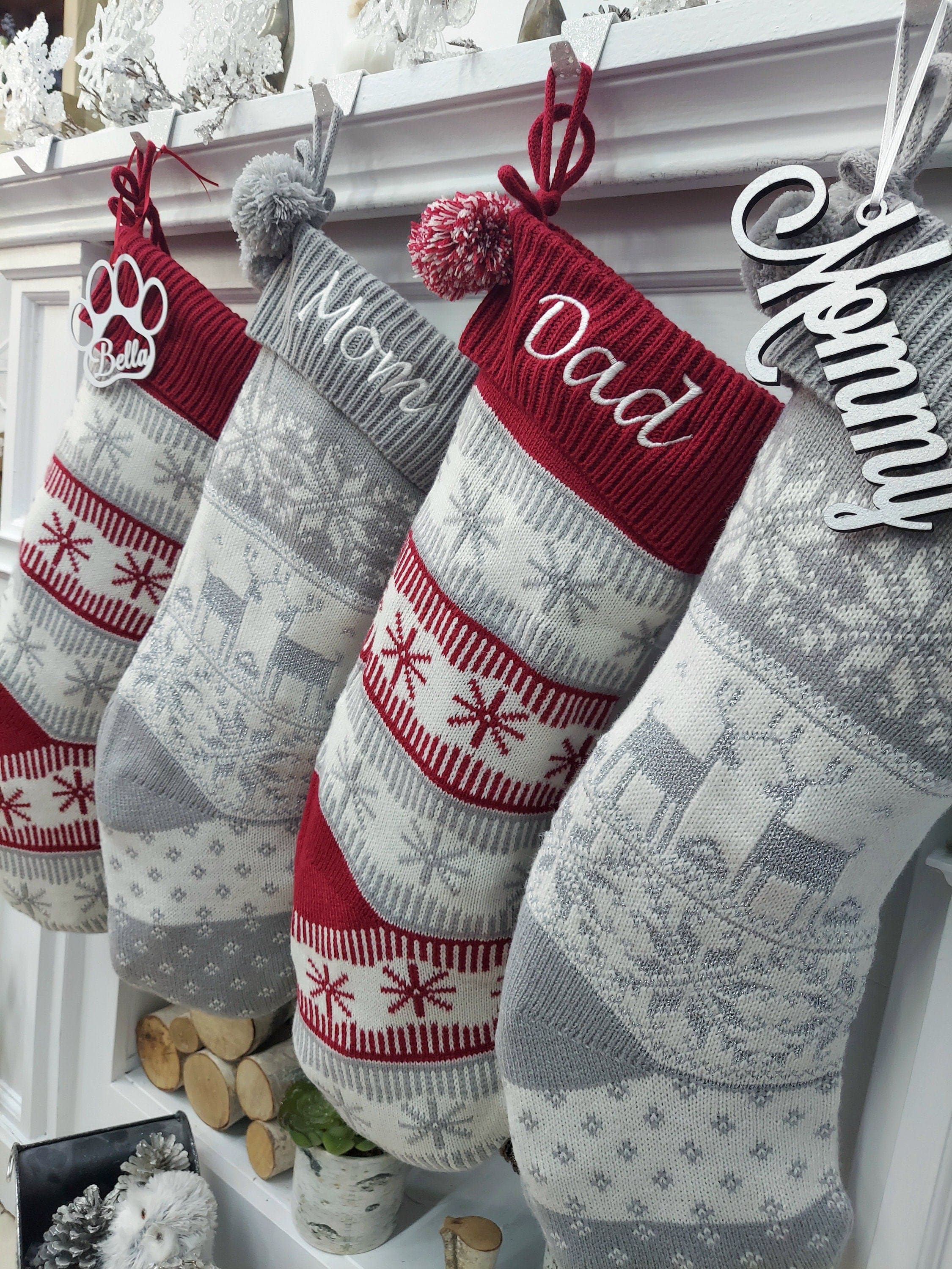 CHRISTMAS STOCKINGS 20" Grey/White Knit Christmas Stocking with Deer/Snowflake Design, Pom Pom, Embroidered or Engraved Name Tag - Holiday Xmas Gift Bag Decor