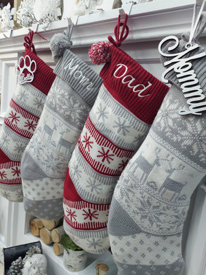 CHRISTMAS STOCKINGS 20" Grey/White Knit Christmas Stocking with Deer/Snowflake Design, Pom Pom, Embroidered or Engraved Name Tag - Holiday Xmas Gift Bag Decor