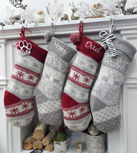 CHRISTMAS STOCKINGS 20" Grey/White Knit Christmas Stocking with Deer/Snowflake Design, Pom Pom, Embroidered or Engraved Name Tag - Holiday Xmas Gift Bag Decor