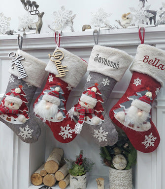 CHRISTMAS STOCKINGS 20" Light Up 3D Embroidered Santa Snowman Xmas Stocking, Personalized Name Tag, Holiday Candy Sack, Christmas Decor for Home Red Grey Tree