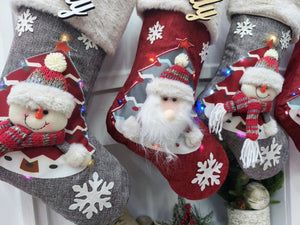 CHRISTMAS STOCKINGS 20" Light Up 3D Embroidered Santa Snowman Xmas Stocking, Personalized Name Tag, Holiday Candy Sack, Christmas Decor for Home Red Grey Tree