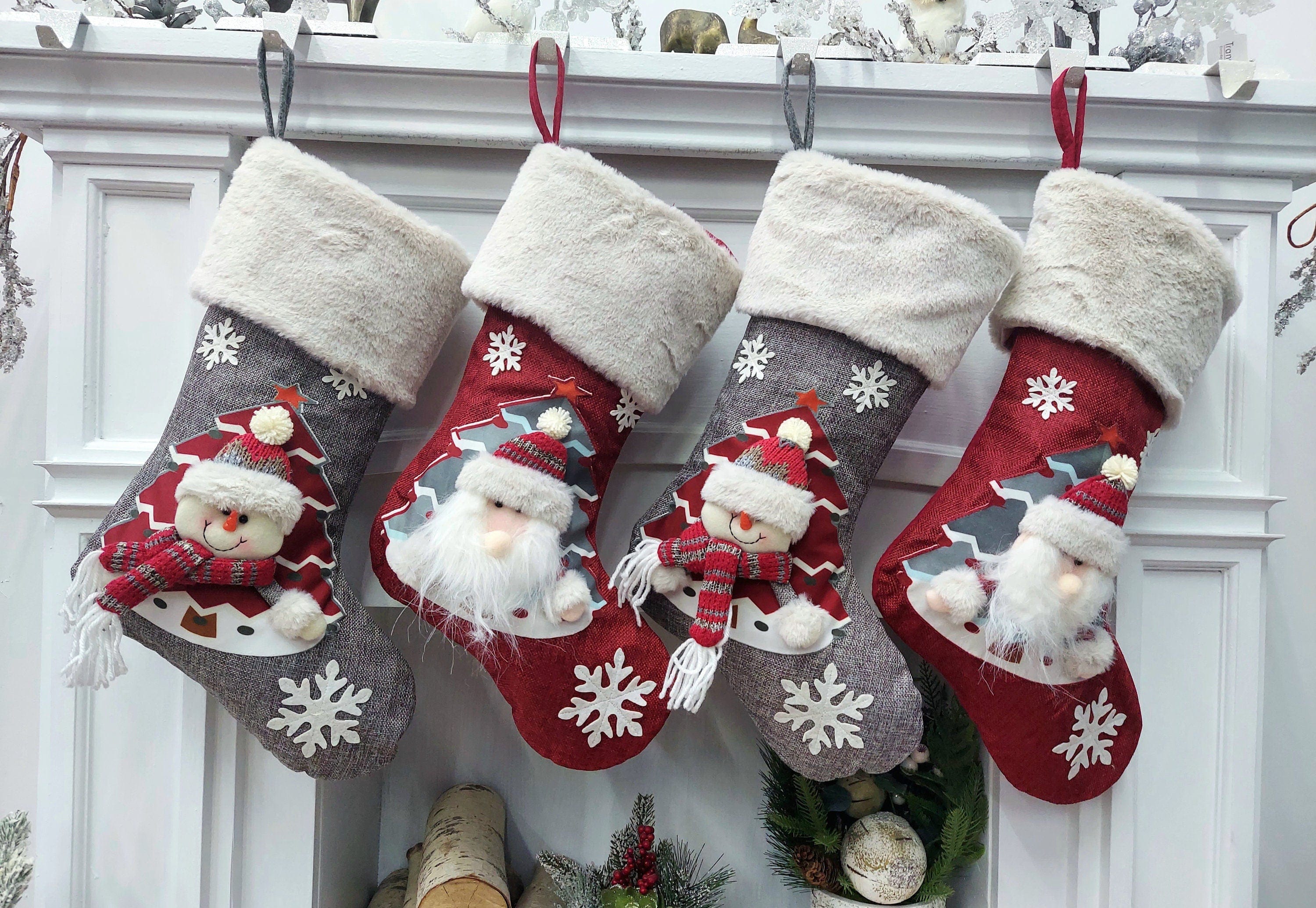 CHRISTMAS STOCKINGS 20" Light Up 3D Embroidered Santa Snowman Xmas Stocking, Personalized Name Tag, Holiday Candy Sack, Christmas Decor for Home Red Grey Tree