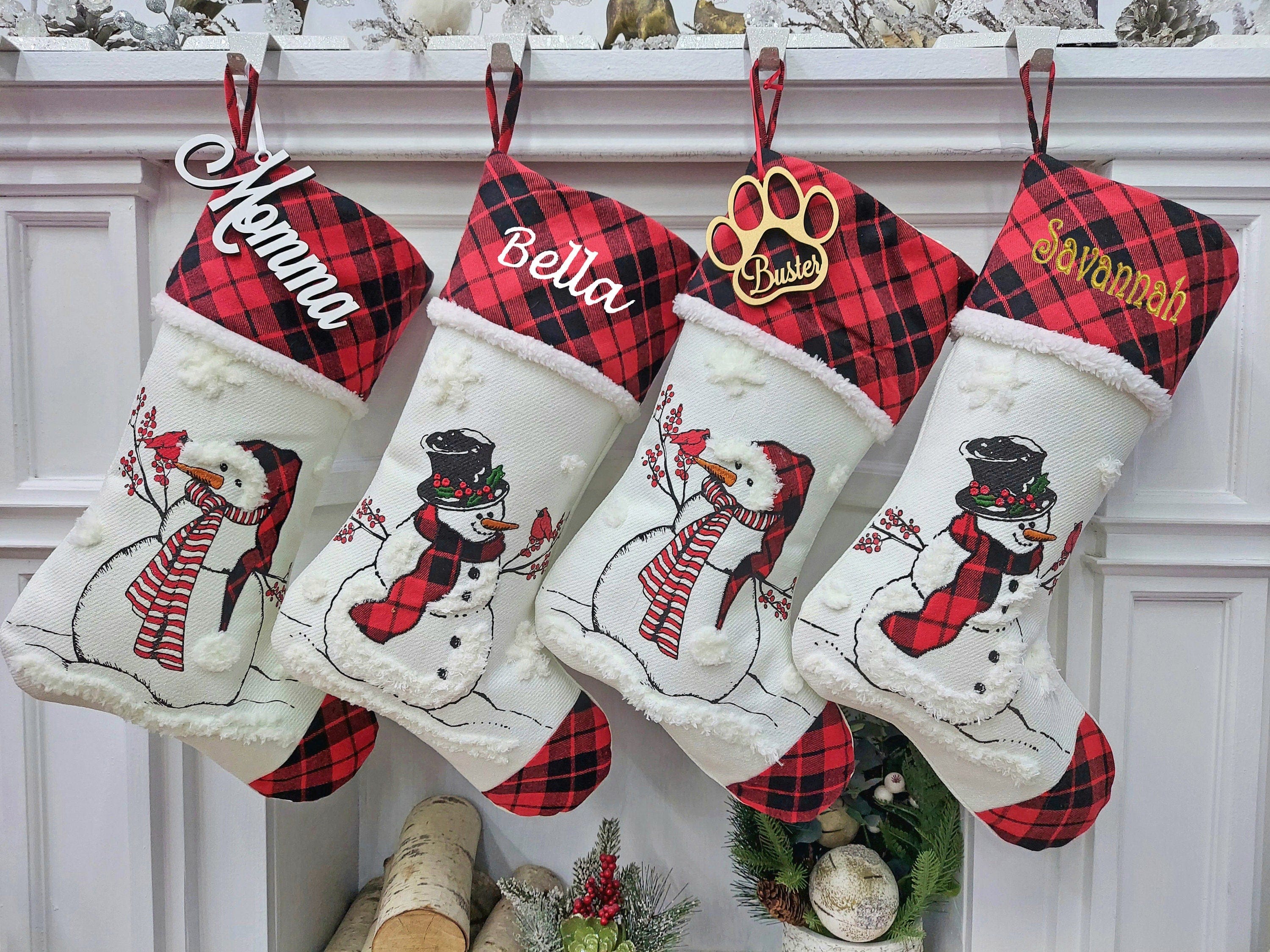 CHRISTMAS STOCKINGS 20" Winter Snowman Christmas Stocking with Custom Name Personalized Embroidered Tag Cardinal Santa Buffalo Check plaid red black