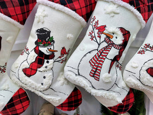 CHRISTMAS STOCKINGS 20" Winter Snowman Christmas Stocking with Custom Name Personalized Embroidered Tag Cardinal Santa Buffalo Check plaid red black