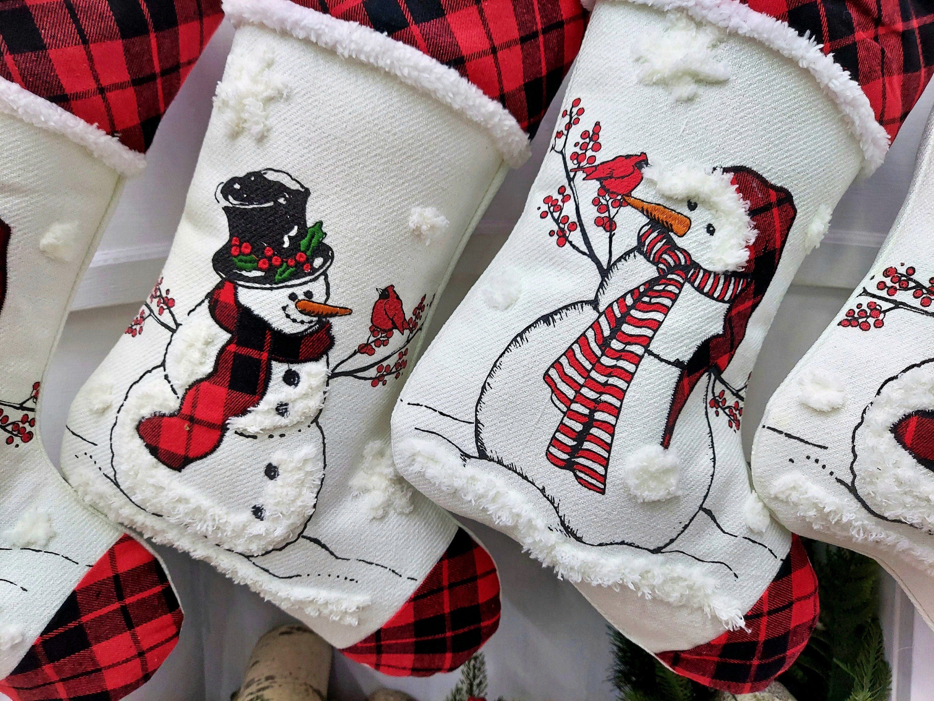 CHRISTMAS STOCKINGS 20" Winter Snowman Christmas Stocking with Custom Name Personalized Embroidered Tag Cardinal Santa Buffalo Check plaid red black