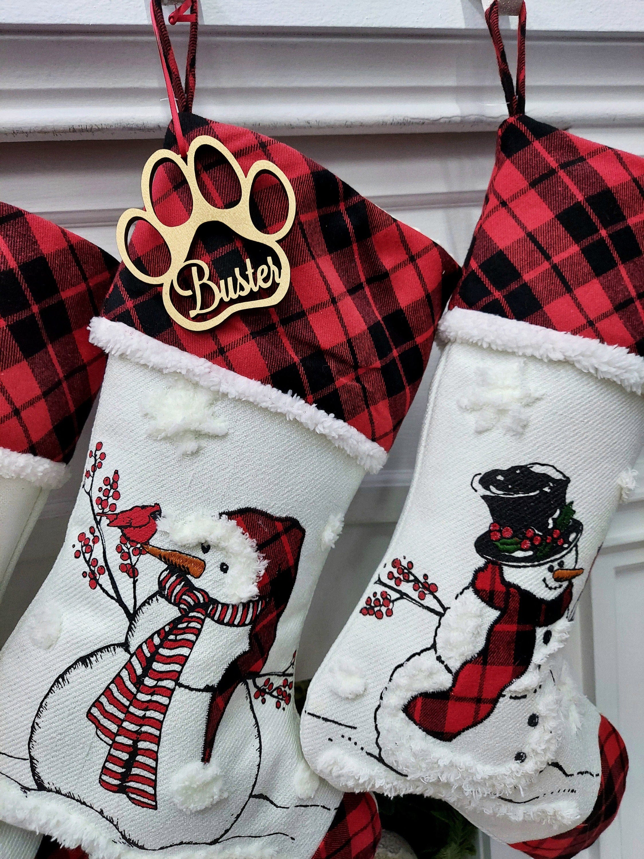 CHRISTMAS STOCKINGS 20" Winter Snowman Christmas Stocking with Custom Name Personalized Embroidered Tag Cardinal Santa Buffalo Check plaid red black