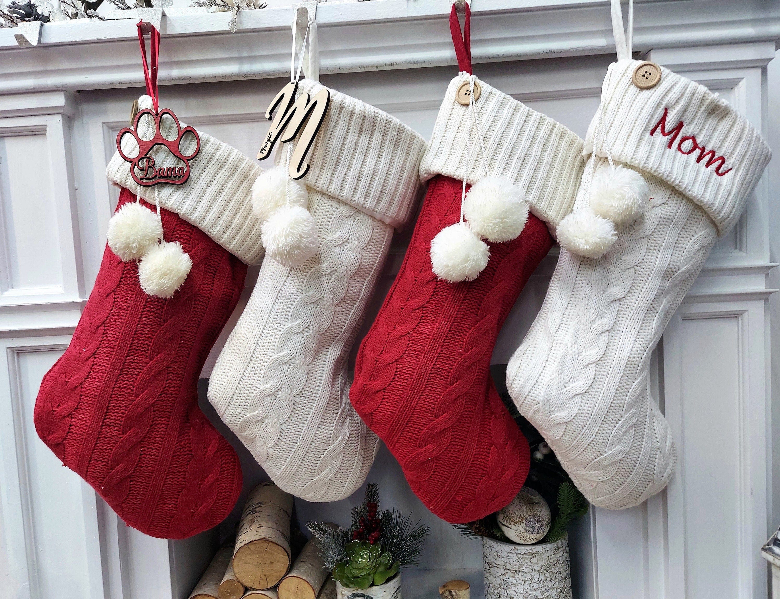 CHRISTMAS STOCKINGS 21" Personalized Red and Ivory Cable Knit Button w/ Pom Poms Christmas Stocking with Custom Name Embroidered |  Home Decor