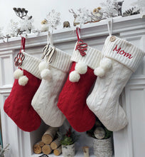 CHRISTMAS STOCKINGS 21" Personalized Red and Ivory Cable Knit Button w/ Pom Poms Christmas Stocking with Custom Name Embroidered |  Home Decor