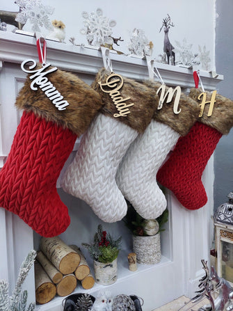 CHRISTMAS STOCKINGS 21" Personalized White Ivory Red Chunky Knit Braided Velvet Stocking with Brown Faux Fur Cuff - Classic Xmas Decor - Plush and Super Soft