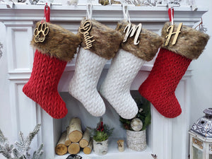 CHRISTMAS STOCKINGS 21" Personalized White Ivory Red Chunky Knit Braided Velvet Stocking with Brown Faux Fur Cuff - Classic Xmas Decor - Plush and Super Soft