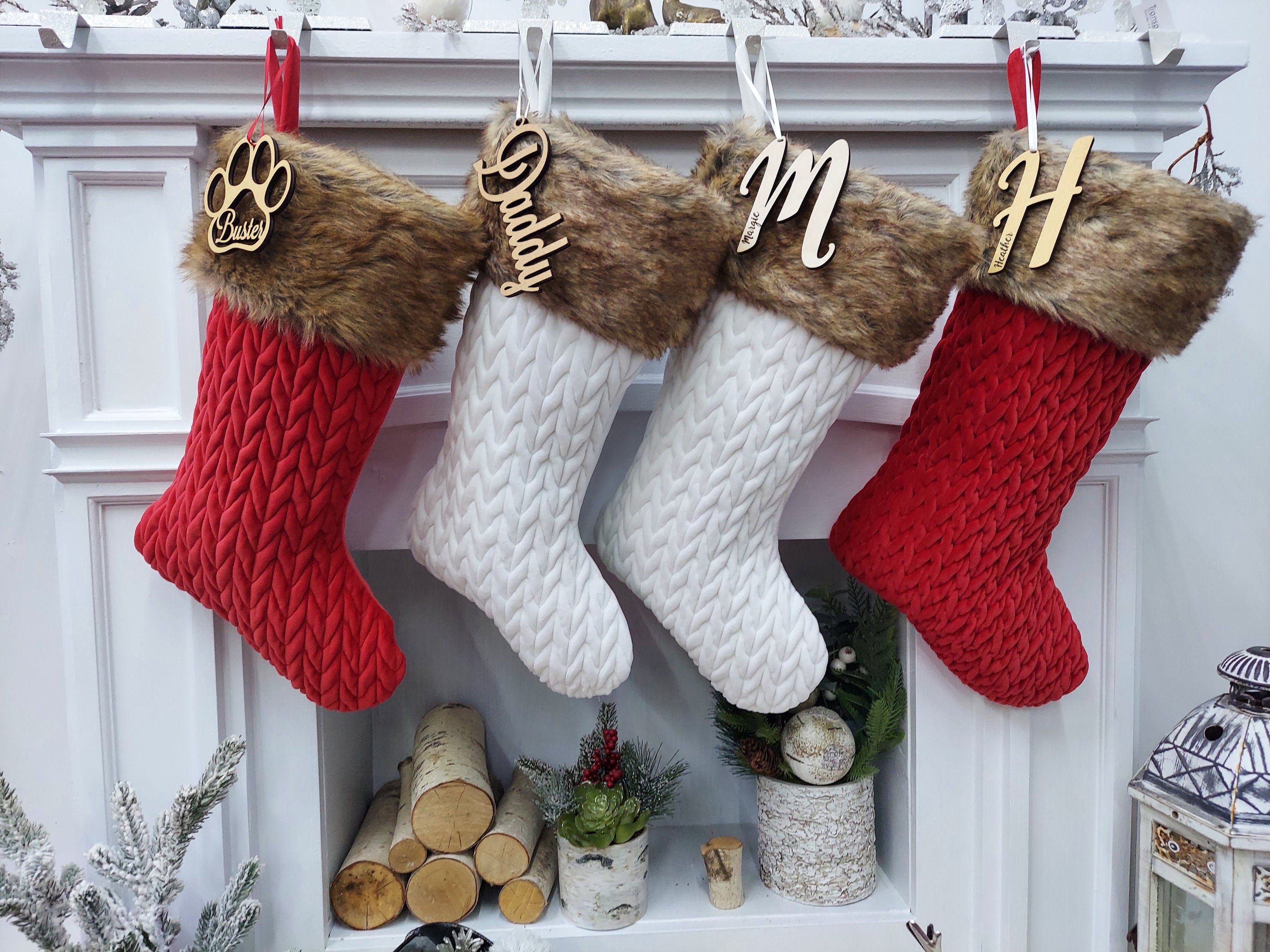 CHRISTMAS STOCKINGS 21" Personalized White Ivory Red Chunky Knit Braided Velvet Stocking with Brown Faux Fur Cuff - Classic Xmas Decor - Plush and Super Soft