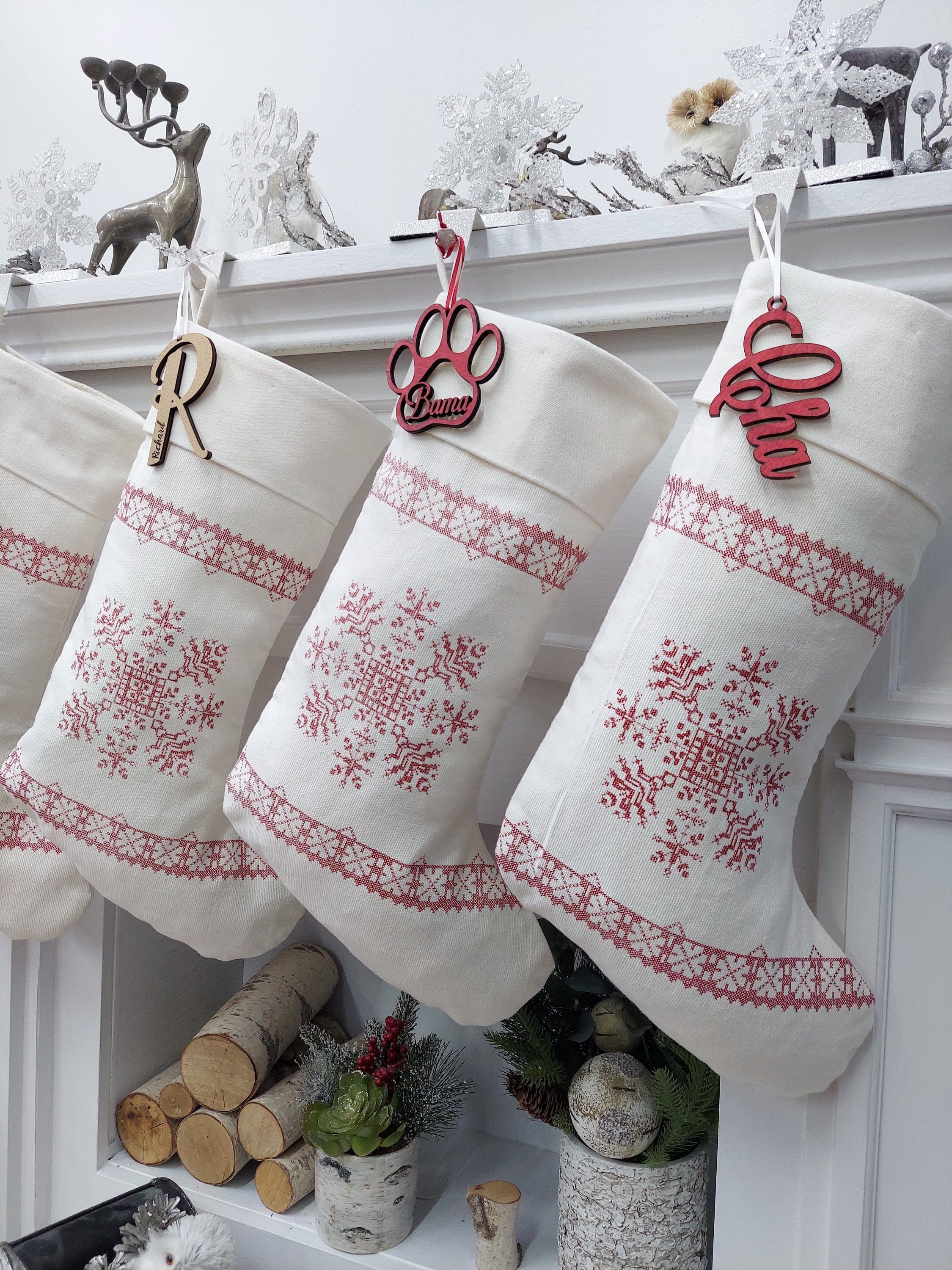CHRISTMAS STOCKINGS 22" Cross Stitch Snowflake Country Farmhouse Christmas Stocking | Red Ivory White Simple Elegant Holiday Cottage Decor Vintage Traditional