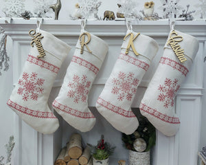 CHRISTMAS STOCKINGS 22" Cross Stitch Snowflake Country Farmhouse Christmas Stocking | Red Ivory White Simple Elegant Holiday Cottage Decor Vintage Traditional