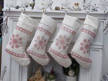 CHRISTMAS STOCKINGS 22" Cross Stitch Snowflake Country Farmhouse Christmas Stocking | Red Ivory White Simple Elegant Holiday Cottage Decor Vintage Traditional