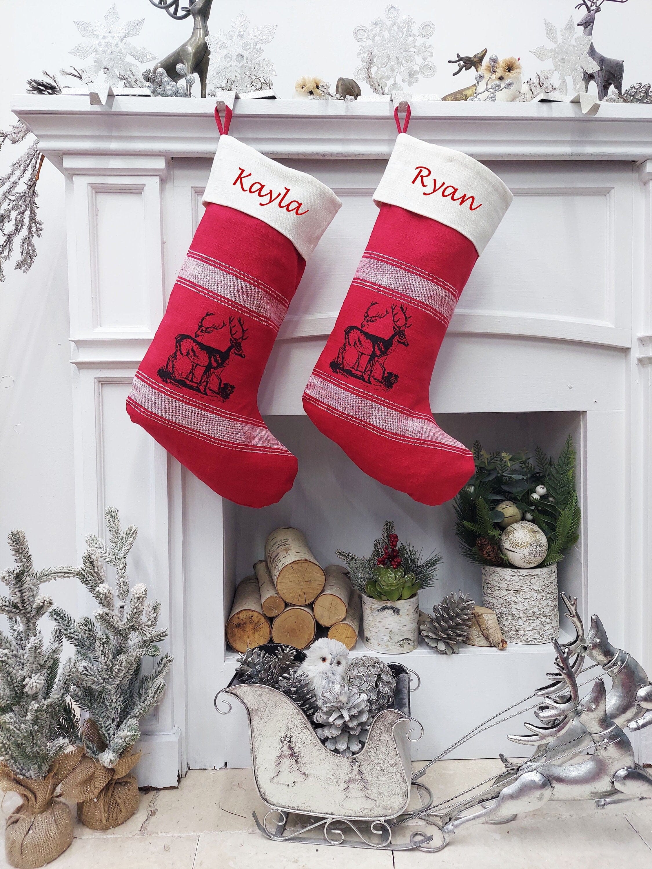 CHRISTMAS STOCKINGS 22" Red & White Banded Deer Christmas Stocking | Natural Fiber Cotton Modern Farmhouse Country Xmas Stag Style Decor Personalized Name Tag