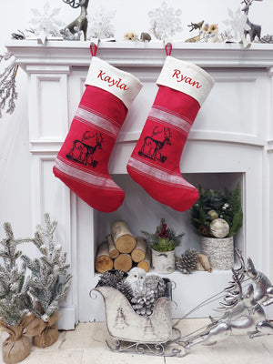 CHRISTMAS STOCKINGS 22" Red & White Banded Deer Christmas Stocking | Natural Fiber Cotton Modern Farmhouse Country Xmas Stag Style Decor Personalized Name Tag