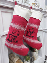 CHRISTMAS STOCKINGS 22" Red & White Banded Deer Christmas Stocking | Natural Fiber Cotton Modern Farmhouse Country Xmas Stag Style Decor Personalized Name Tag