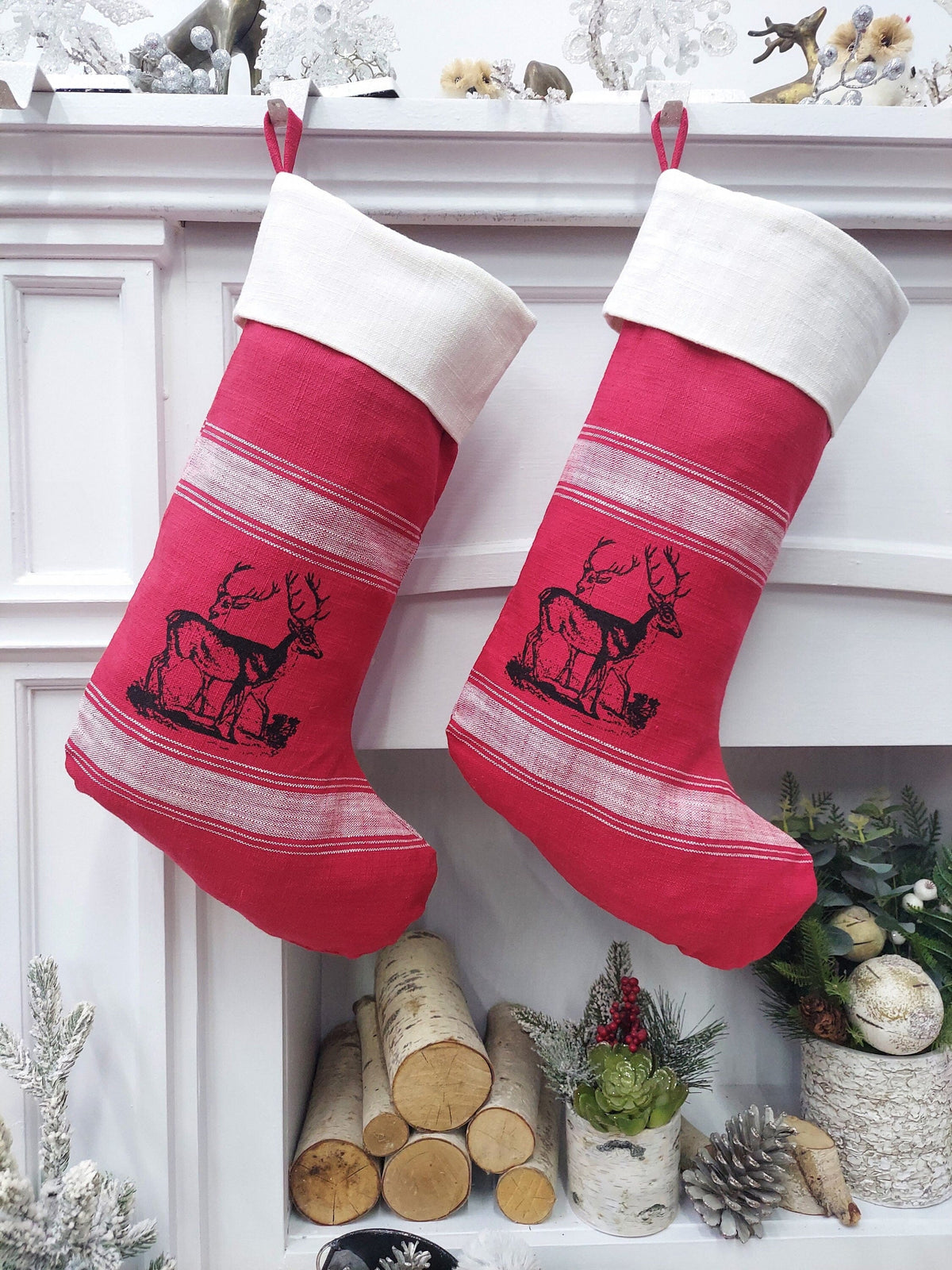CHRISTMAS STOCKINGS 22" Red & White Banded Deer Christmas Stocking | Natural Fiber Cotton Modern Farmhouse Country Xmas Stag Style Decor Personalized Name Tag