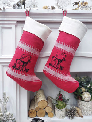 CHRISTMAS STOCKINGS 22" Red & White Banded Deer Christmas Stocking | Natural Fiber Cotton Modern Farmhouse Country Xmas Stag Style Decor Personalized Name Tag