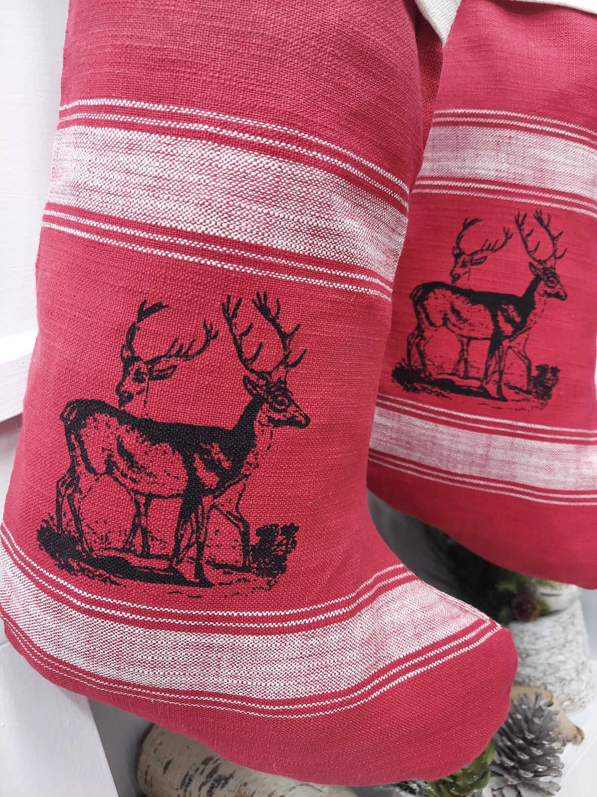 CHRISTMAS STOCKINGS 22" Red & White Banded Deer Christmas Stocking | Natural Fiber Cotton Modern Farmhouse Country Xmas Stag Style Decor Personalized Name Tag