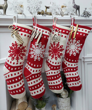 CHRISTMAS STOCKINGS 22" Sweater Knit Red White Christmas Stockings Snowflake Scandinavian Nordic Modern Holiday Theme Minimalist Look Custom Name Tag Monogram