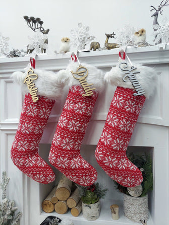 CHRISTMAS STOCKINGS 23" Fair Isle Snowflake Christmas Stocking | Red White Knit with Pom Poms Faux Fur Cuff Fun Festive Xmas Decor Personalized Wood Name Tag