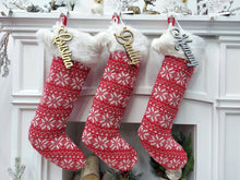 CHRISTMAS STOCKINGS 23" Fair Isle Snowflake Christmas Stocking | Red White Knit with Pom Poms Faux Fur Cuff Fun Festive Xmas Decor Personalized Wood Name Tag