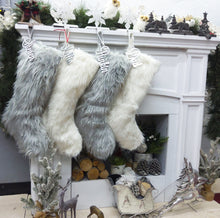 CHRISTMAS STOCKINGS 23" Faux Fur Christmas Stockings  White Ivory Grey Long Fur Personalized with Cutout Wood Name Tag Lodge Woodland Custom Xmas Decor
