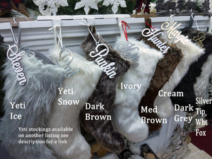 CHRISTMAS STOCKINGS 23" Faux Fur Christmas Stockings  White Ivory Grey Long Fur Personalized with Cutout Wood Name Tag Lodge Woodland Custom Xmas Decor