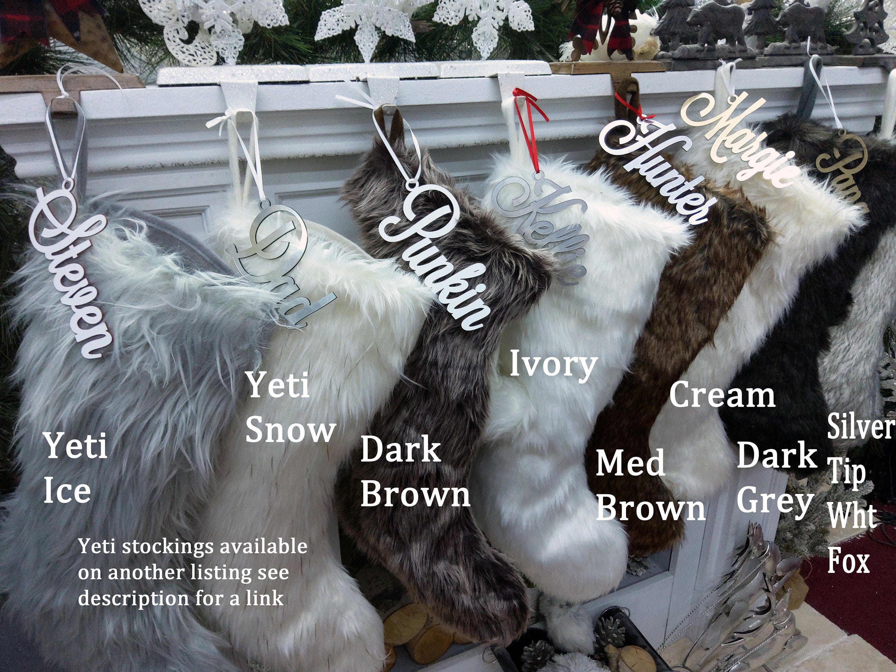 CHRISTMAS STOCKINGS 23" Faux Fur Christmas Stockings  White Ivory Grey Long Fur Personalized with Cutout Wood Name Tag Lodge Woodland Custom Xmas Decor