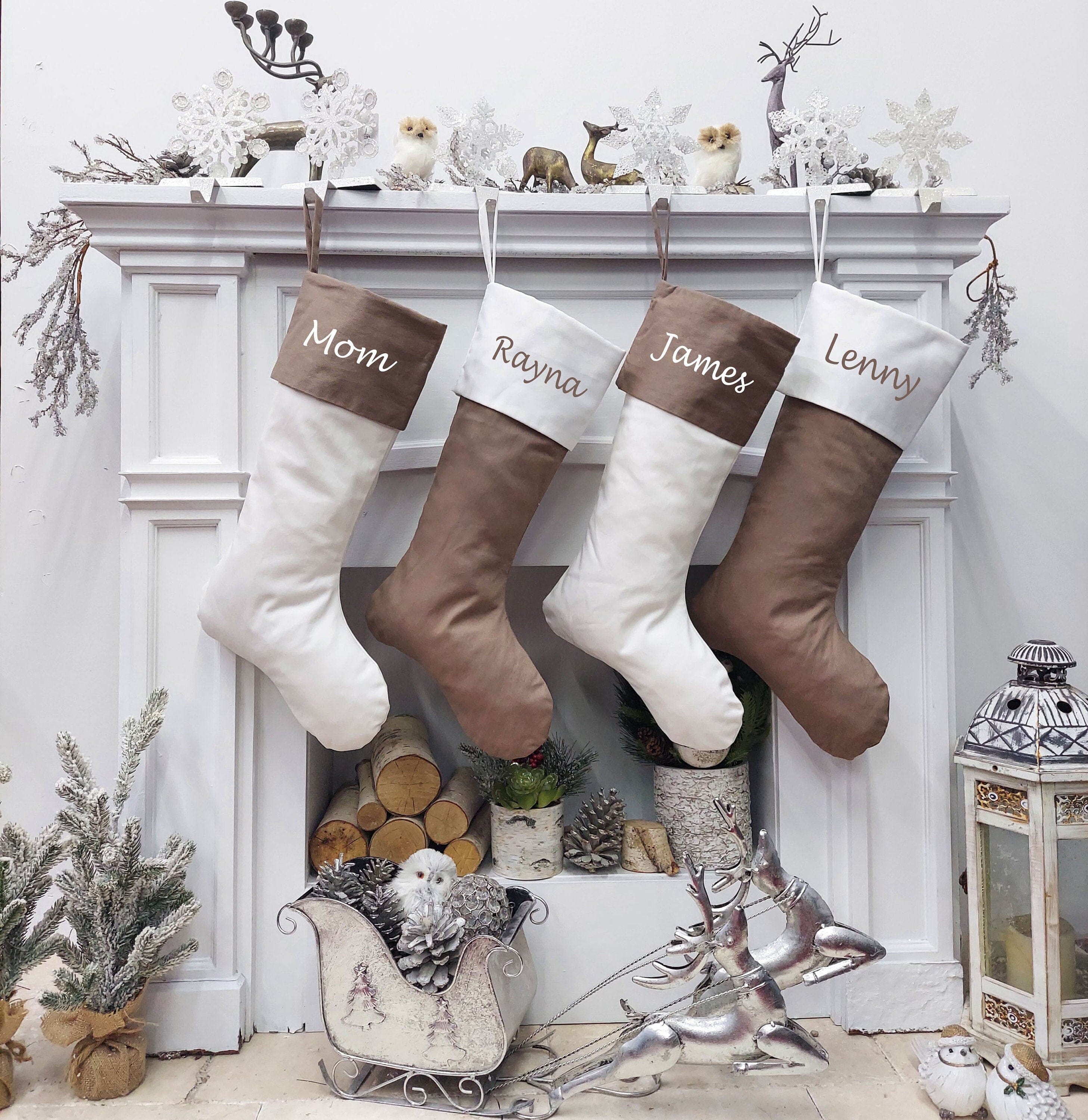 CHRISTMAS STOCKINGS 23" Minimalist Farmhouse Style Christmas Stockings | White Brown Boho Modern Country Style Decor Personalized Embroidered Name Wood Tag