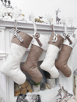 CHRISTMAS STOCKINGS 23" Minimalist Farmhouse Style Christmas Stockings | White Brown Boho Modern Country Style Decor Personalized Embroidered Name Wood Tag