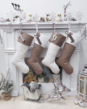CHRISTMAS STOCKINGS 23" Minimalist Farmhouse Style Christmas Stockings | White Brown Boho Modern Country Style Decor Personalized Embroidered Name Wood Tag