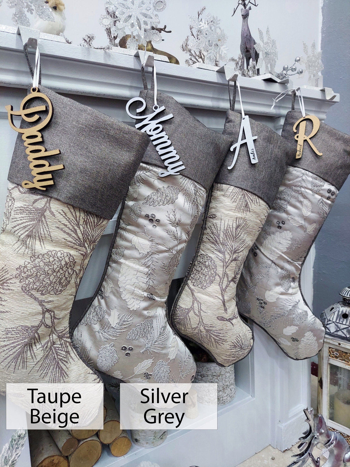 CHRISTMAS STOCKINGS 24" Evergreen Pinecone & Holly Taupe Beige Grey Jacquard Christmas Stockings Embroidered Engraved Name Tag Luxurious Elegant Decoration 2023