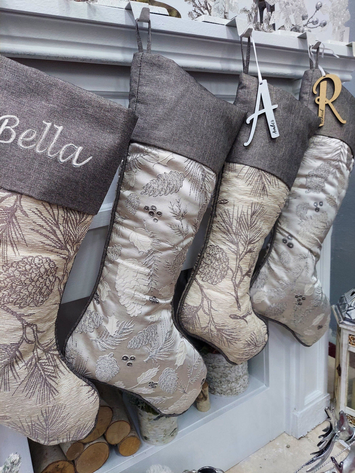 CHRISTMAS STOCKINGS 24" Evergreen Pinecone & Holly Taupe Beige Grey Jacquard Christmas Stockings Embroidered Engraved Name Tag Luxurious Elegant Decoration 2023