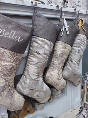 CHRISTMAS STOCKINGS 24" Evergreen Pinecone & Holly Taupe Beige Grey Jacquard Christmas Stockings Embroidered Engraved Name Tag Luxurious Elegant Decoration 2023