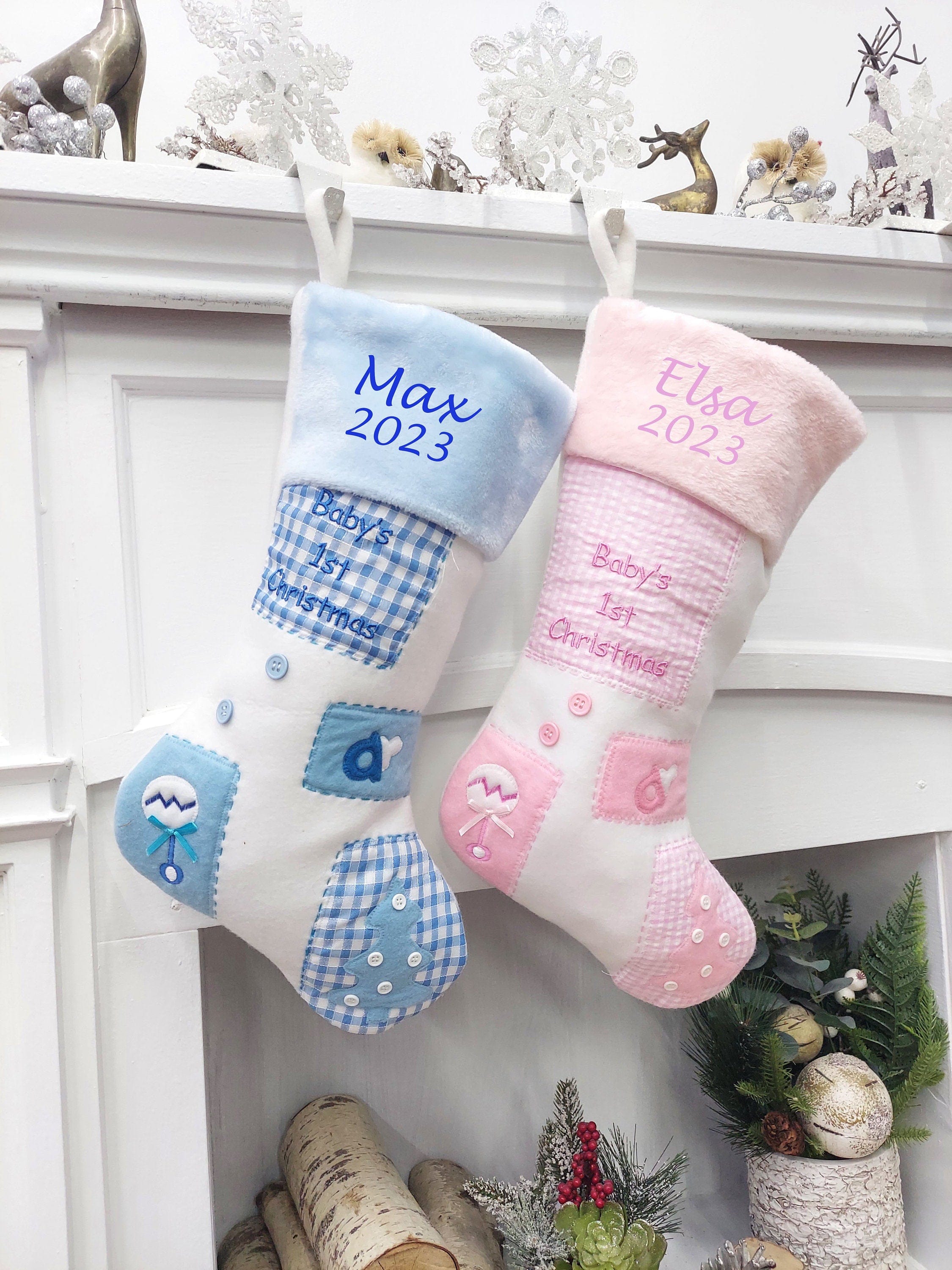 CHRISTMAS STOCKINGS Baby's 1st Christmas Stocking | Blue Pink Patchwork Cute Buttons Baby Shower Gift Keepsake Photo Prop Personalized Embroidery Boy Girl Name