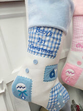 CHRISTMAS STOCKINGS Baby's 1st Christmas Stocking | Blue Pink Patchwork Cute Buttons Baby Shower Gift Keepsake Photo Prop Personalized Embroidery Boy Girl Name