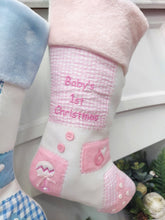 CHRISTMAS STOCKINGS Baby's 1st Christmas Stocking | Blue Pink Patchwork Cute Buttons Baby Shower Gift Keepsake Photo Prop Personalized Embroidery Boy Girl Name