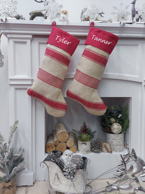 CHRISTMAS STOCKINGS Banded Burlap Natural Fiber Christmas Stocking | Natural Burlap Jute Fiber Cotton Farmhouse Country Style Decor Personalized Name Tag