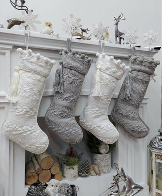 CHRISTMAS STOCKINGS Boho Minimalist Grey Ivory Cream Christmas Stockings | Beautiful Designer Fabric Pom Pom Cuff and Tassel Personalized Family Holiday 2023