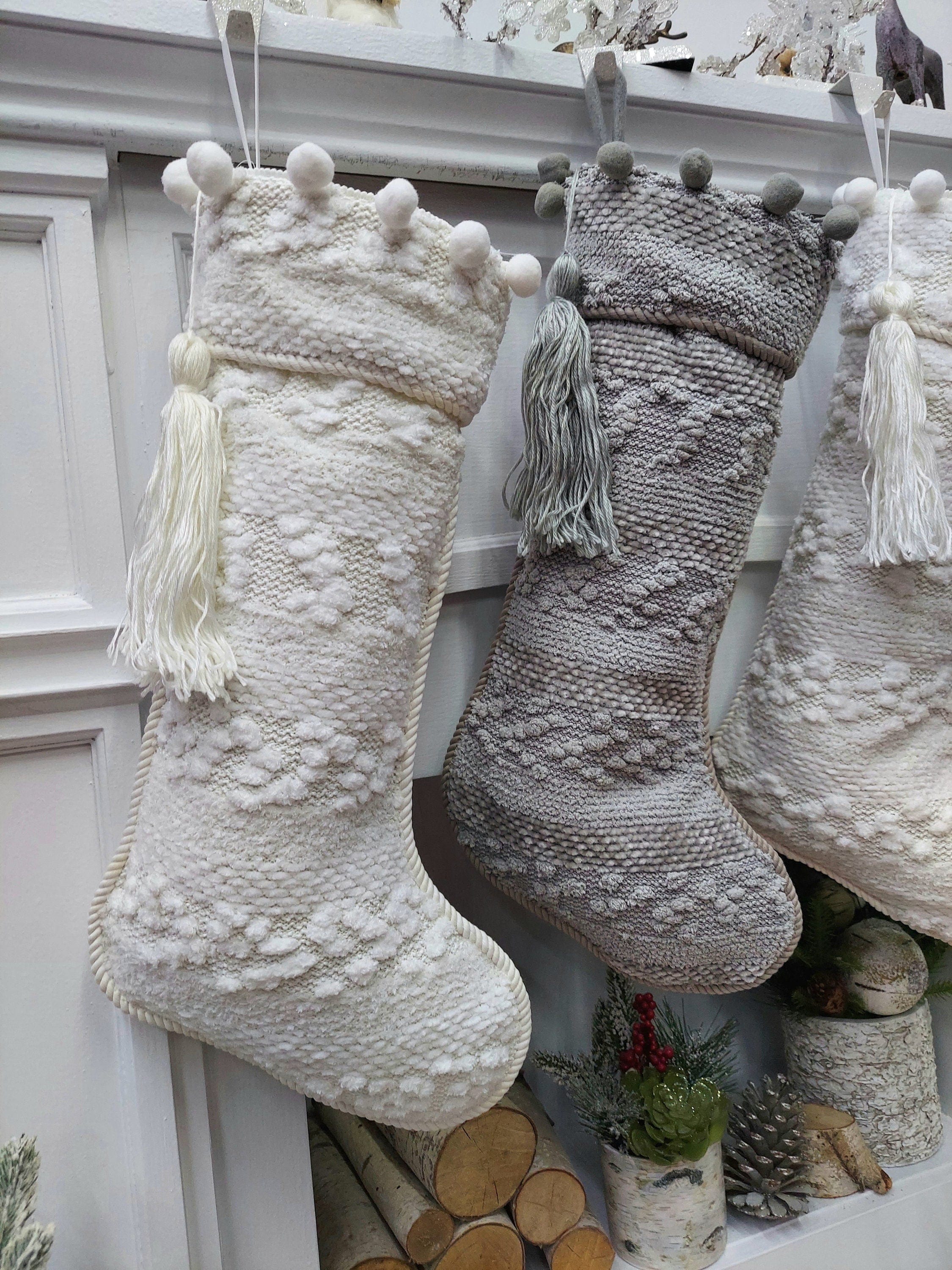 CHRISTMAS STOCKINGS Boho Minimalist Grey Ivory Cream Christmas Stockings | Beautiful Designer Fabric Pom Pom Cuff and Tassel Personalized Family Holiday 2023