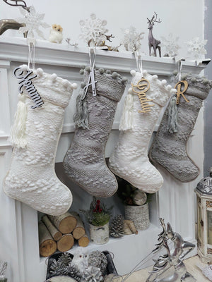 CHRISTMAS STOCKINGS Boho Minimalist Grey Ivory Cream Christmas Stockings | Beautiful Designer Fabric Pom Pom Cuff and Tassel Personalized Family Holiday 2023