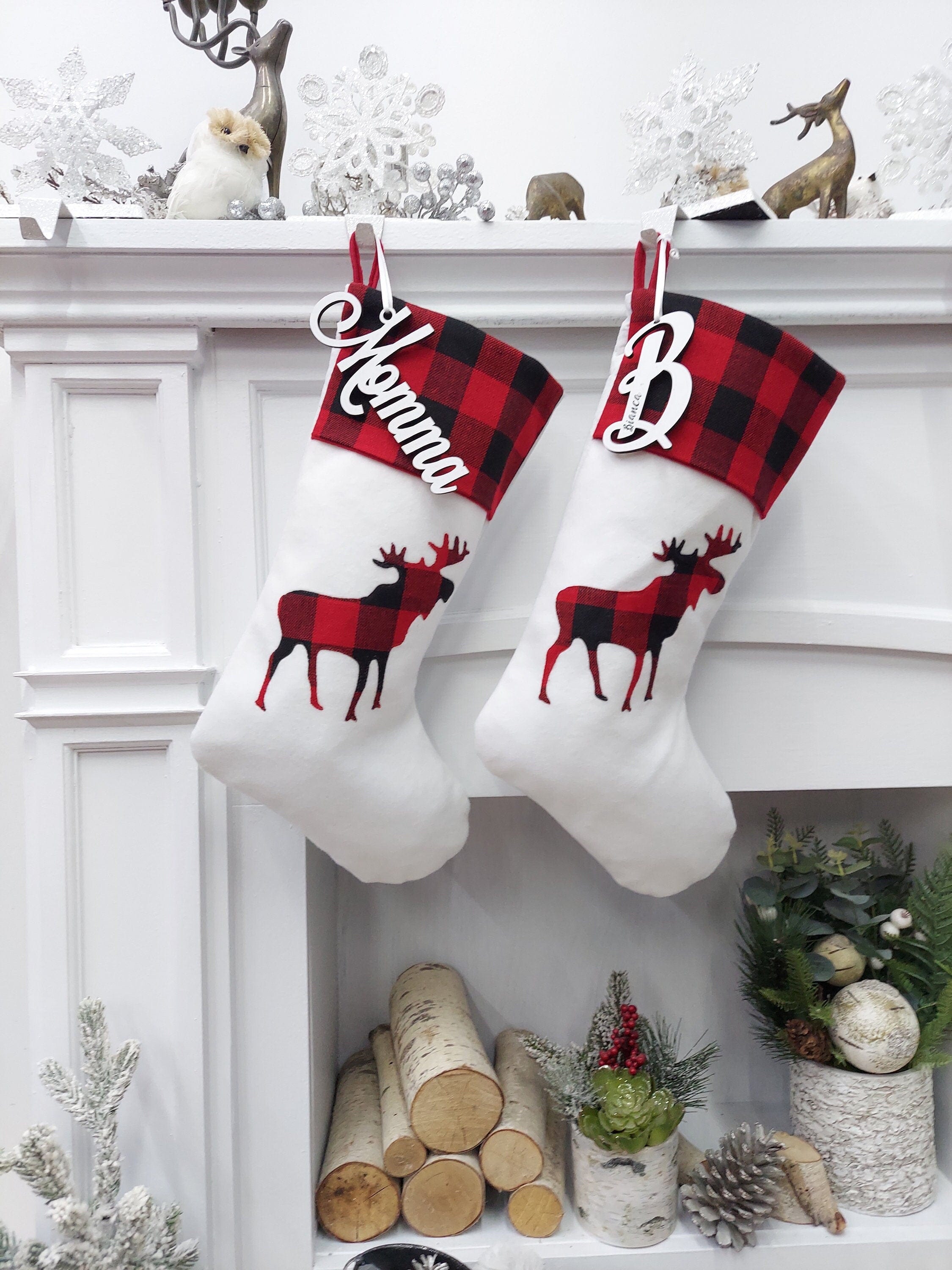 CHRISTMAS STOCKINGS Buffalo Plaid Moose Christmas Stocking | Bright White/Red Black Check Woodland Rustic Farmhouse Decor Personalized Embroidery name tag
