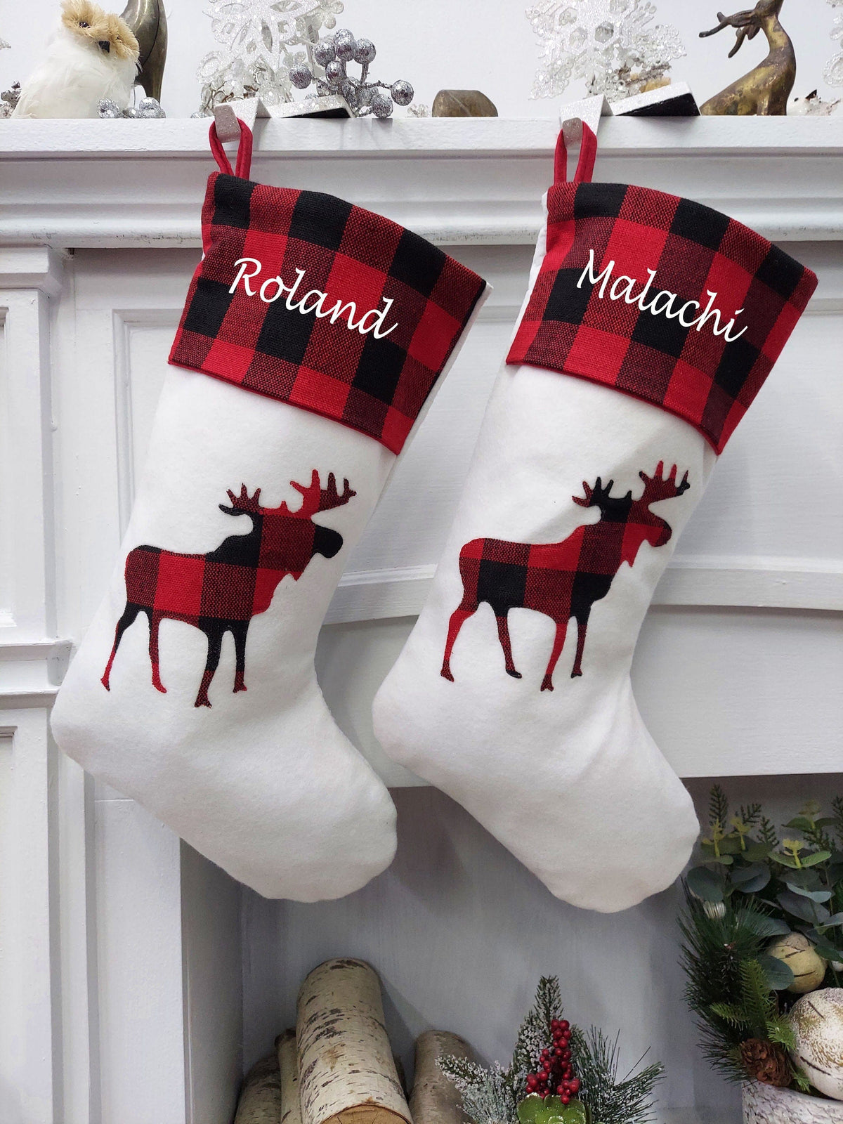 CHRISTMAS STOCKINGS Buffalo Plaid Moose Christmas Stocking | Bright White/Red Black Check Woodland Rustic Farmhouse Decor Personalized Embroidery name tag