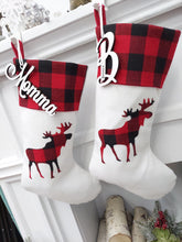 CHRISTMAS STOCKINGS Buffalo Plaid Moose Christmas Stocking | Bright White/Red Black Check Woodland Rustic Farmhouse Decor Personalized Embroidery name tag