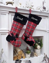 CHRISTMAS STOCKINGS Buffalo Plaid Moose & Deer Christmas Stocking | Red Black White Check Cabin Farmhouse Lumberjack  Personalized  Family Name Tag Wood