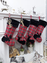 CHRISTMAS STOCKINGS Buffalo Plaid Moose & Deer Christmas Stocking | Red Black White Check Cabin Farmhouse Lumberjack  Personalized  Family Name Tag Wood