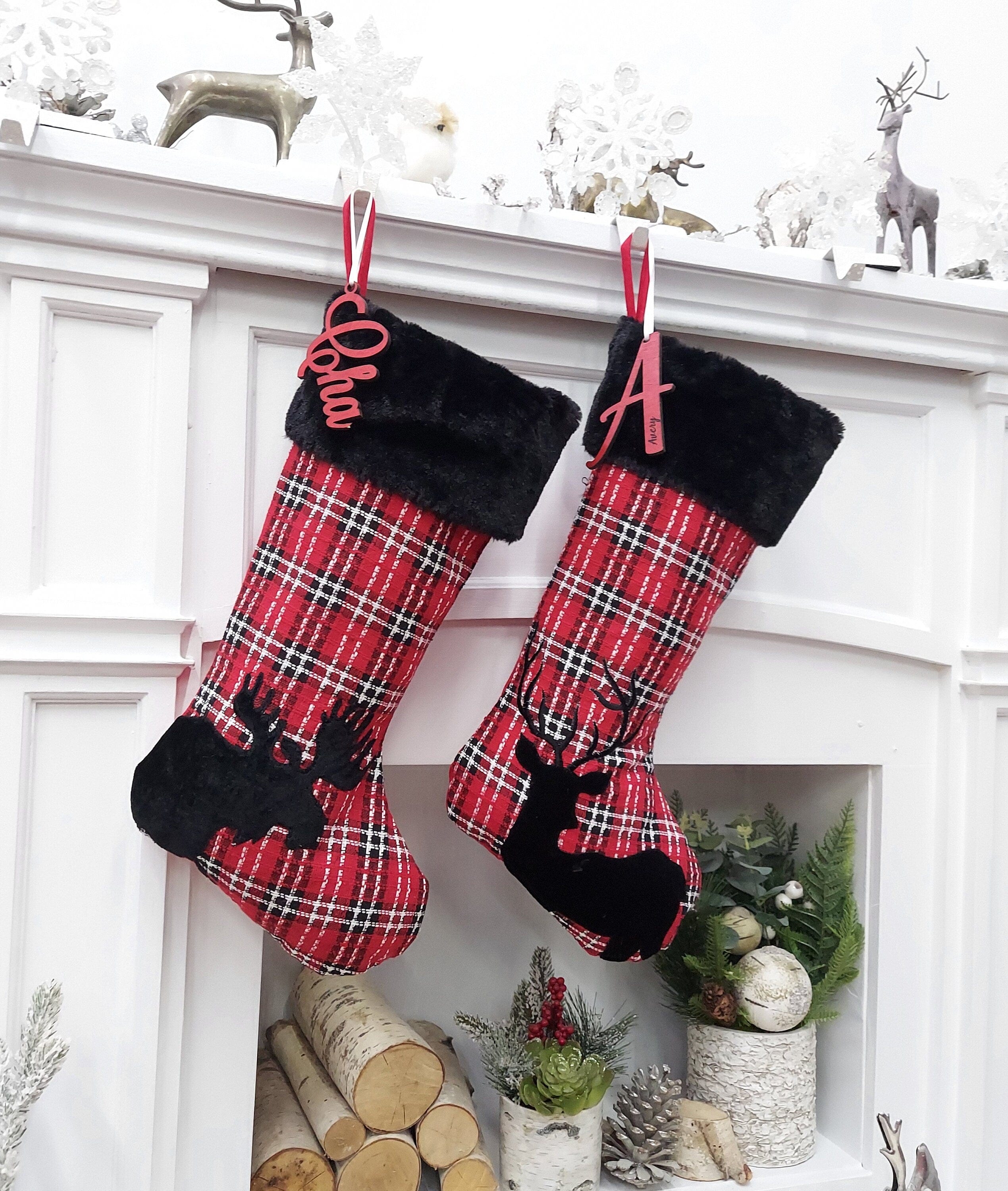 CHRISTMAS STOCKINGS Buffalo Plaid Moose & Deer Christmas Stocking | Red Black White Check Cabin Farmhouse Lumberjack  Personalized  Family Name Tag Wood