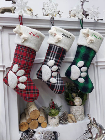 CHRISTMAS STOCKINGS Buffalo Plaid Paw Dog Puppy Stockings Personalized with Pet's Name